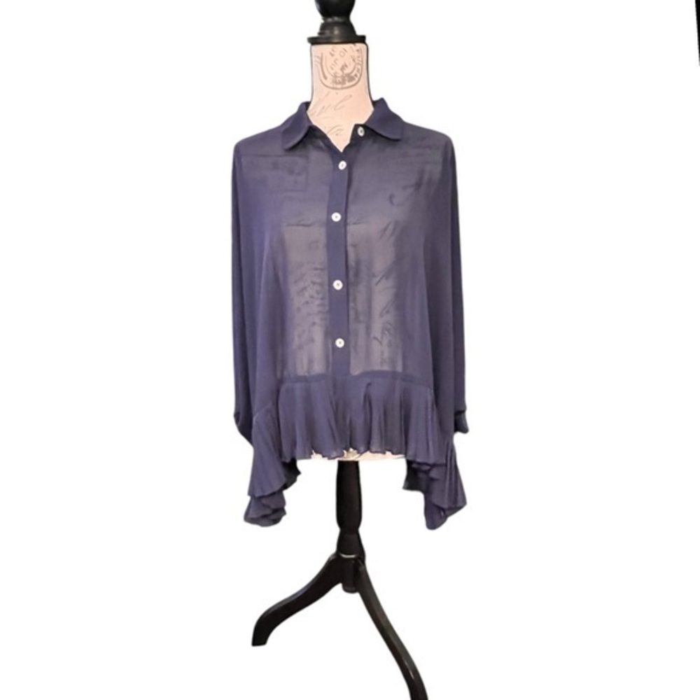 Kaktus Batwing Blouse Navy Blue Button Up Sheer Pleated Waist Oversized SM/MED